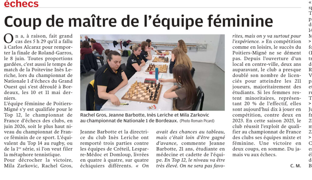 Les médias parlent de Poitiers-Migné Échecs Article de la Nouvelle République sur la montée en Top 12 Féminin des joueuses de Poitiers-Migné Échecs.
