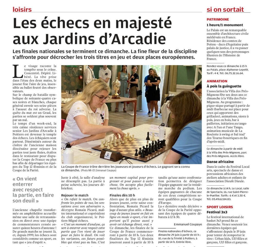 Les médias parlent de Poitiers-Migné Échecs Article de la Nouvelle République sur les Finales Nationales des échecs, organisées par Poitiers-Migné Échecs.