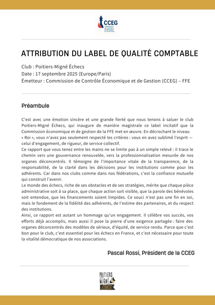 Le label de Qualité Comptable décerné pour la première fois à un club preambule cceg